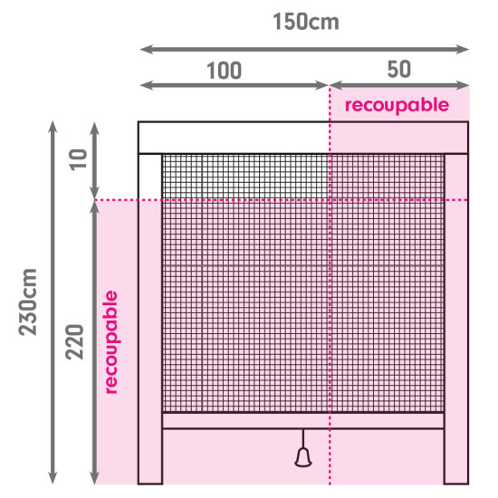 Schéma de recoupe de la moustiquaire enroulable verticale pour porte largeur 150 cm