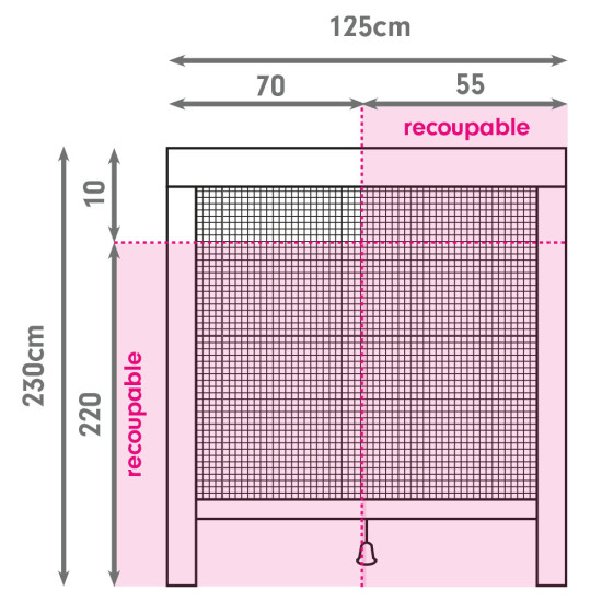 Schéma de recoupe de la moustiquaire enroulable verticale anti-pollen alu de porte largeur 125 cm